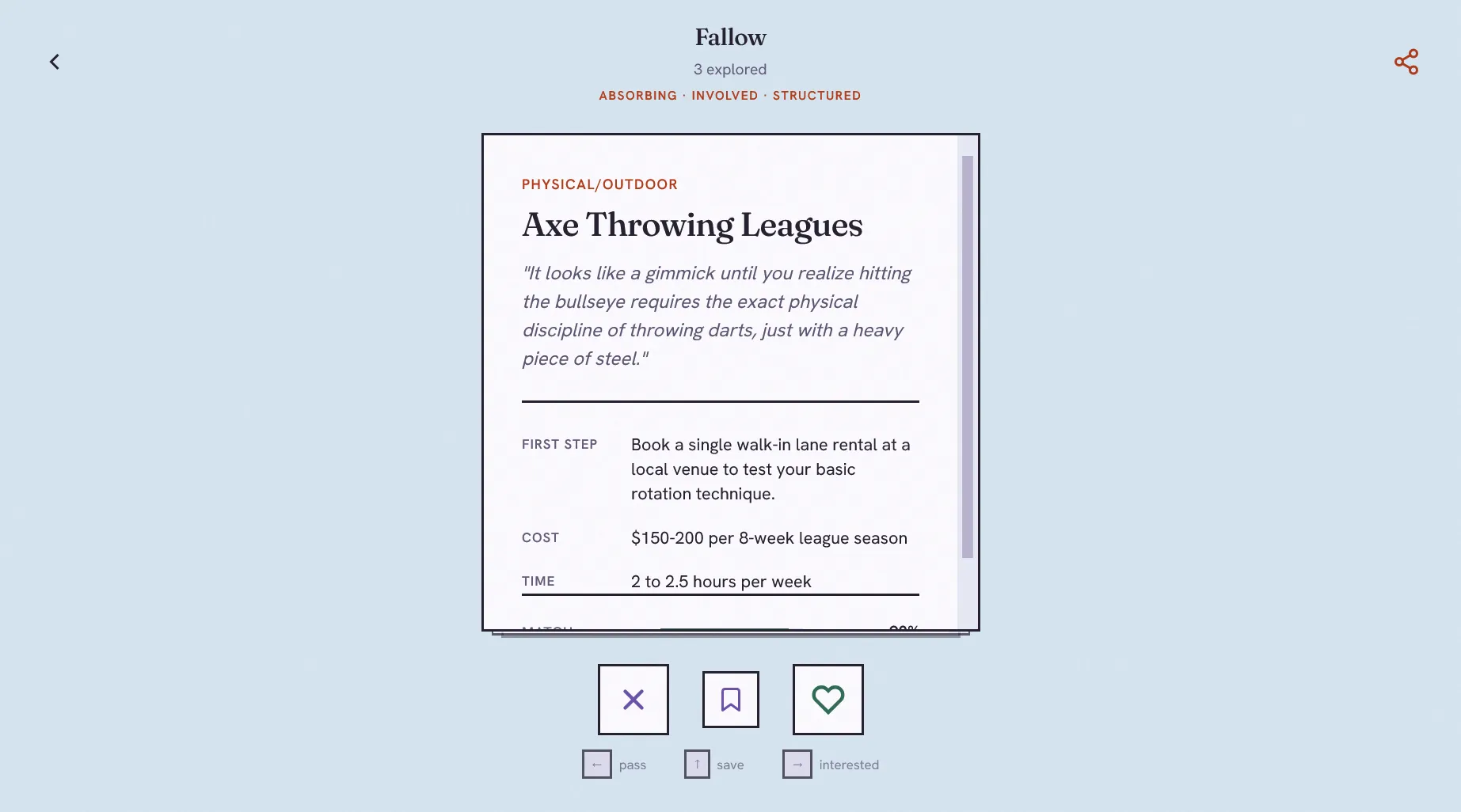 A Fallow swipe card for Axe Throwing Leagues, tagged PHYSICAL/OUTDOOR under the profile traits Absorbing, Involved and Structured, with its first step, cost and match score.