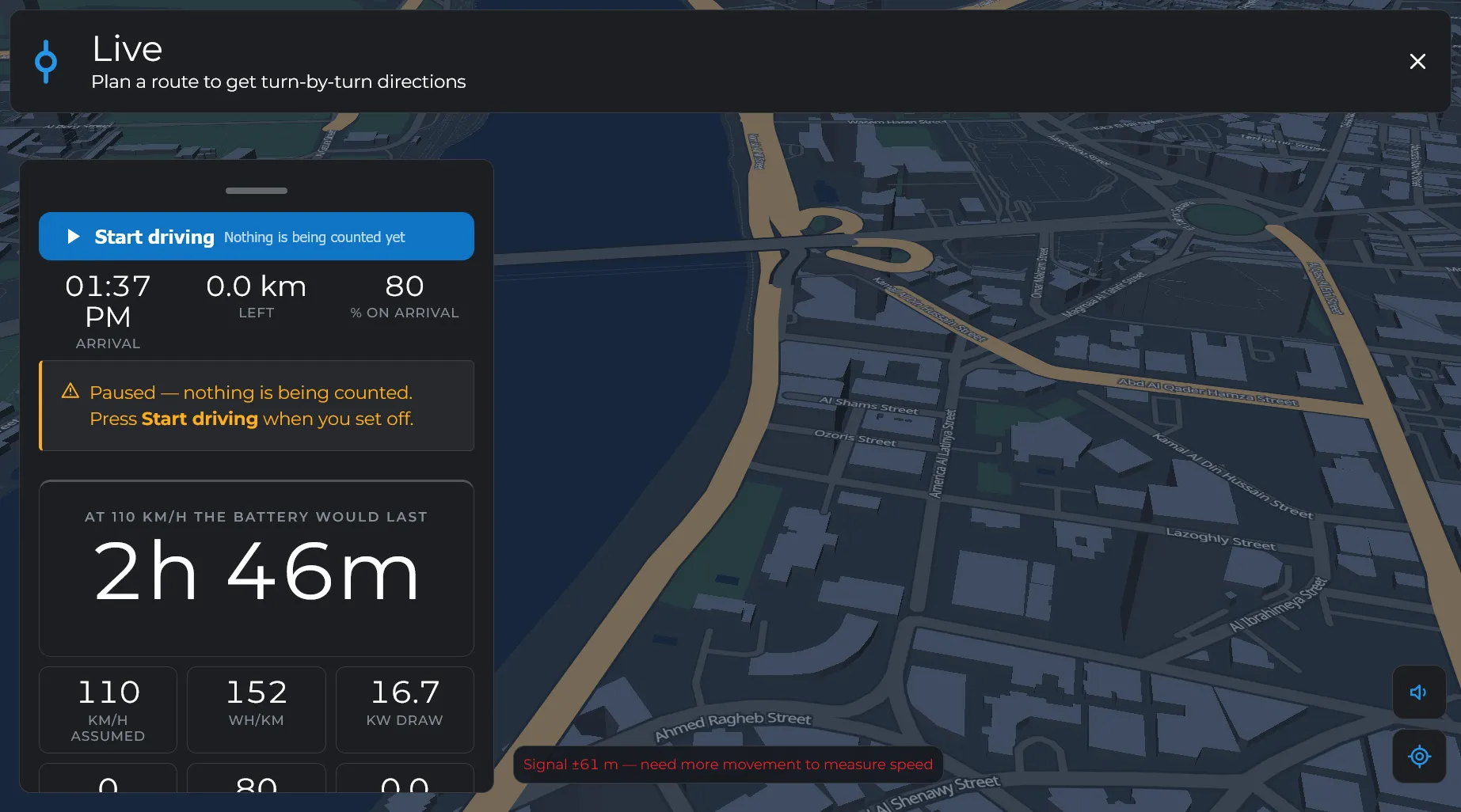 Watt's Left's live navigation screen over a 3D map, showing arrival time, distance left, and battery life at an assumed 110 km/h.