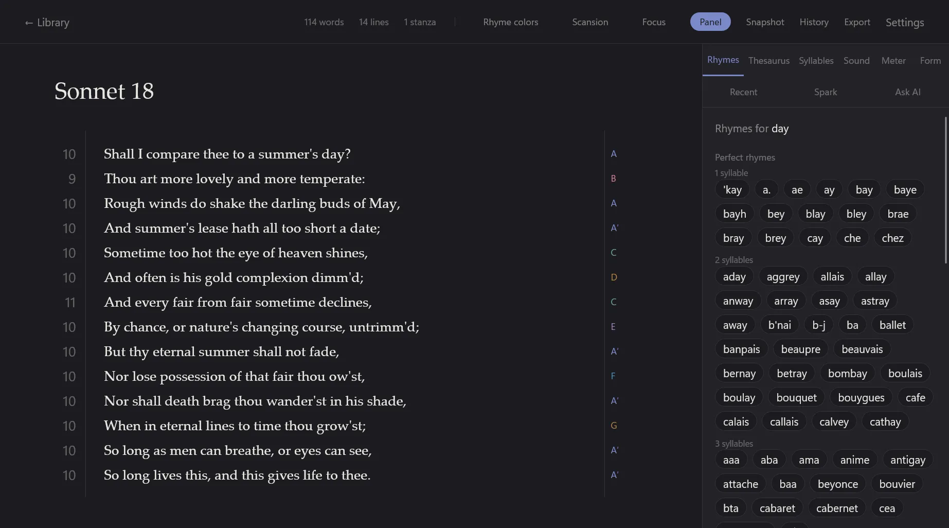 WR!TE’s editor on Shakespeare’s Sonnet 18, syllable counts down the left margin and rhyme-scheme letters down the right, beside a panel of rhymes for “day”.